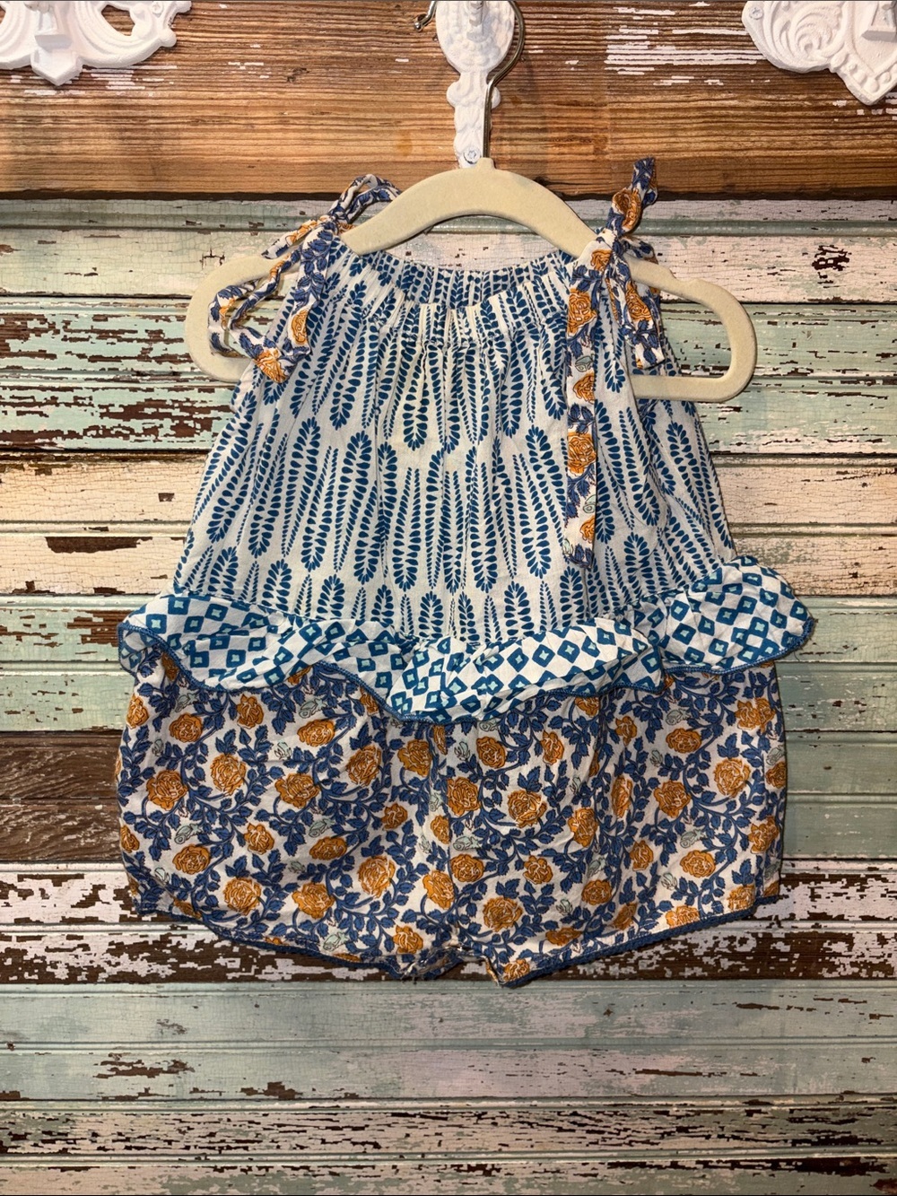 Pink Chicken Blue & Pink Leaf Print Baby Romper